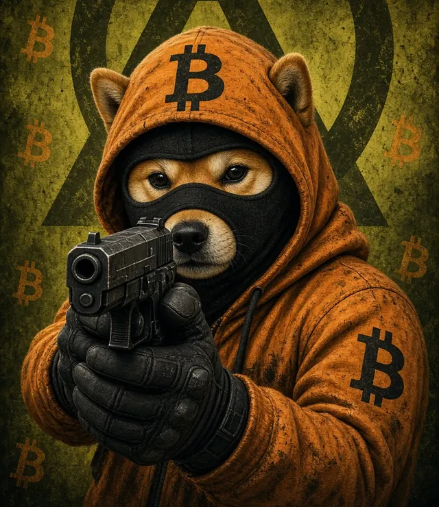 The DOG in a black balaclava, tactical gloves and an orange Bitcoin hoodie, aiming at you